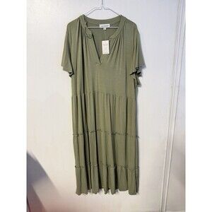 Lucky Brand Olive Green Tiered Dress V-Neck Short Sleeve Flowy Size 1X NWT